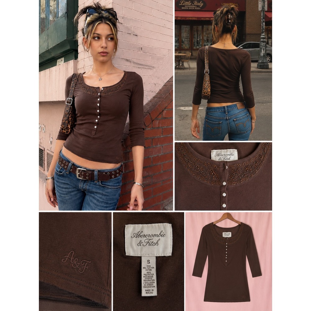 Y2K Abercrombie & Fitch Brown Short Sleeve Ribbed Henley Top Women S Beaded